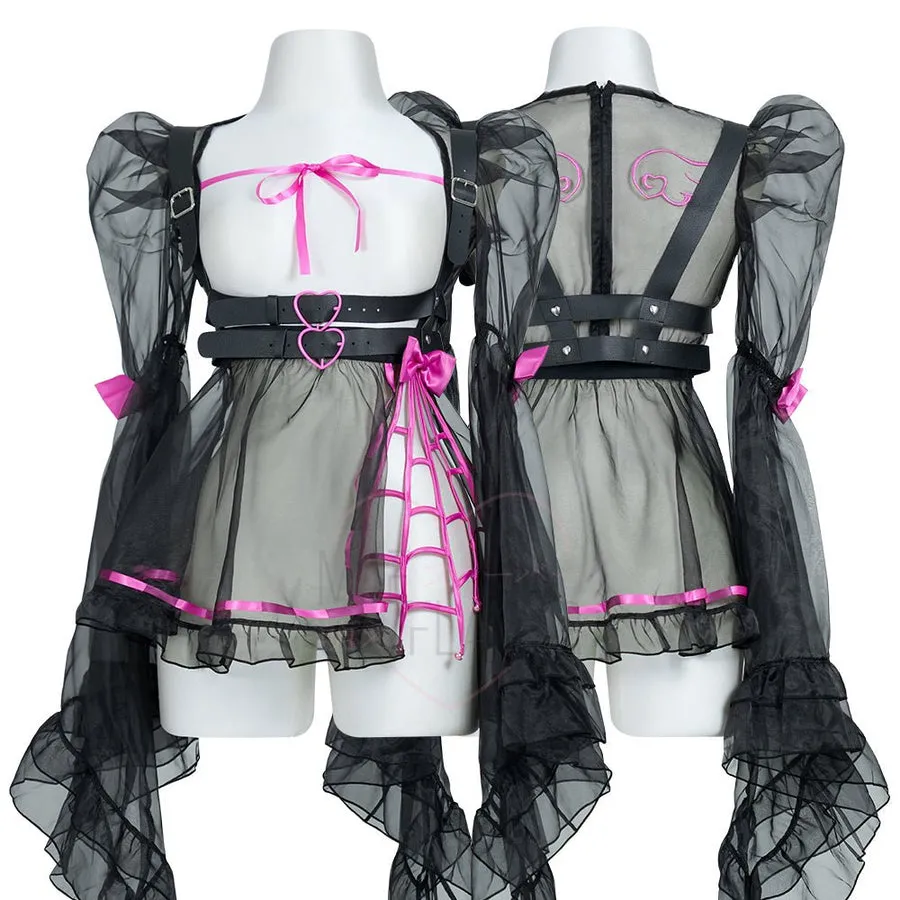 Goth angel ruffle lace sheer dress