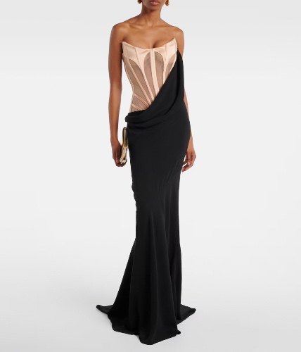 MUGLER Draped mesh, satin, and velvet corset gown