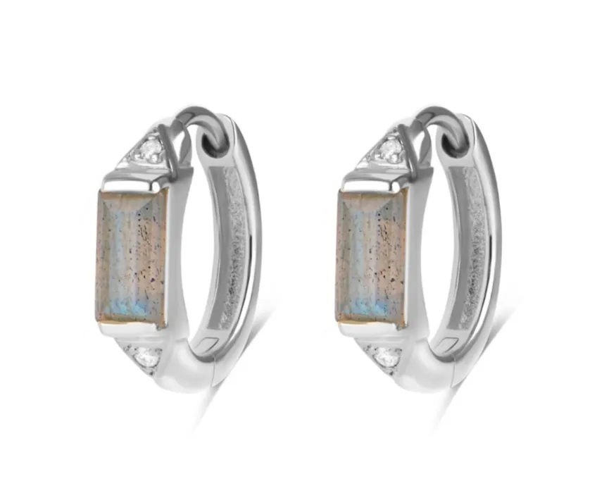 Labradorite & White Sapphire Huggie Hoop Earring Pair Sterling Silver