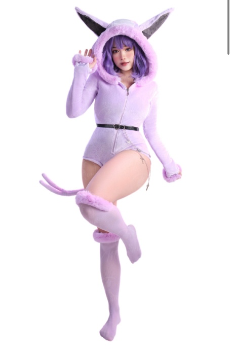 PM Derivative Fluffy Bodycon Romper Pajama Halloween Furry Bodysuit Long Sleeve Hooded Jumpsuit with Tail Belt and Socks -| Size: S