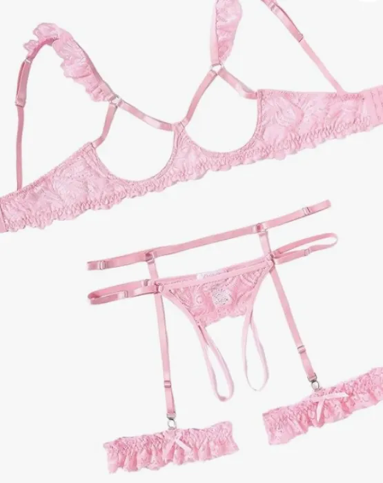 Open Lingerie Set - Bra+thon.g+belt (light pink)