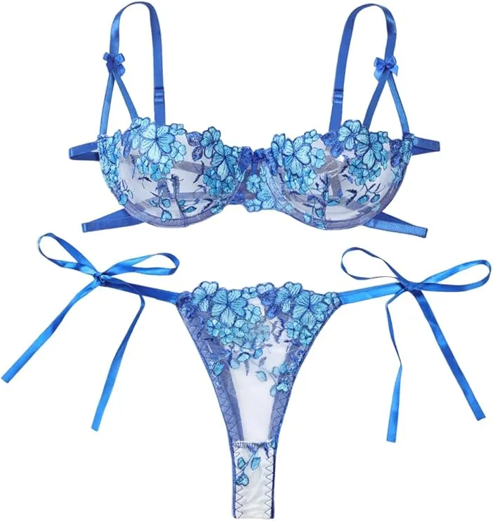 Flower & Bow Lingerie - Bra+thon.g (blue)