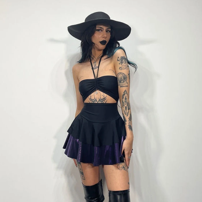 Matte Black and Midnight Shimmer 2 Layer Ruched Front Dress