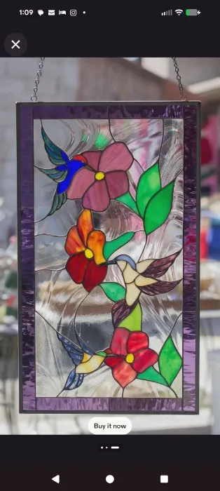 Stained Glass Tiffany Hanging Window Panel 3 Hummingbirds in Flower Garden Chained - House Warming Gift - 21 by 12 inches