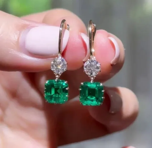 Emerald Asscher Cut Dangle Earrings