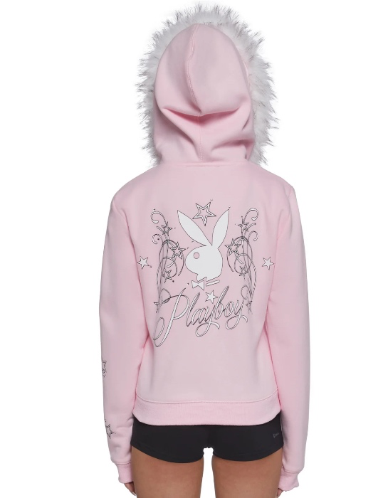 DollsKill X Playboy pink fur trim hoodie 