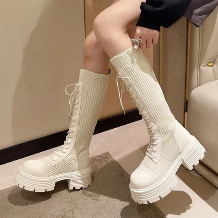 Knit Platform Knee High Boots | Beige / 38