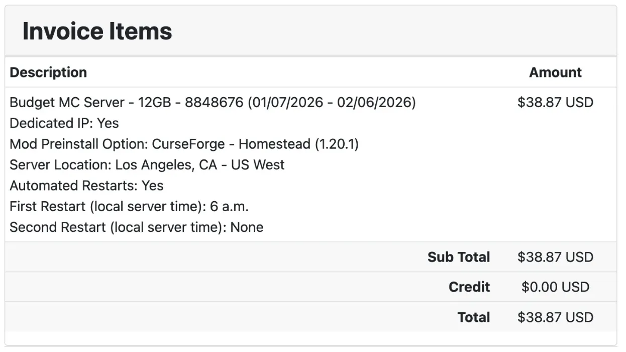NFC Minecraft Server Monthly Fees