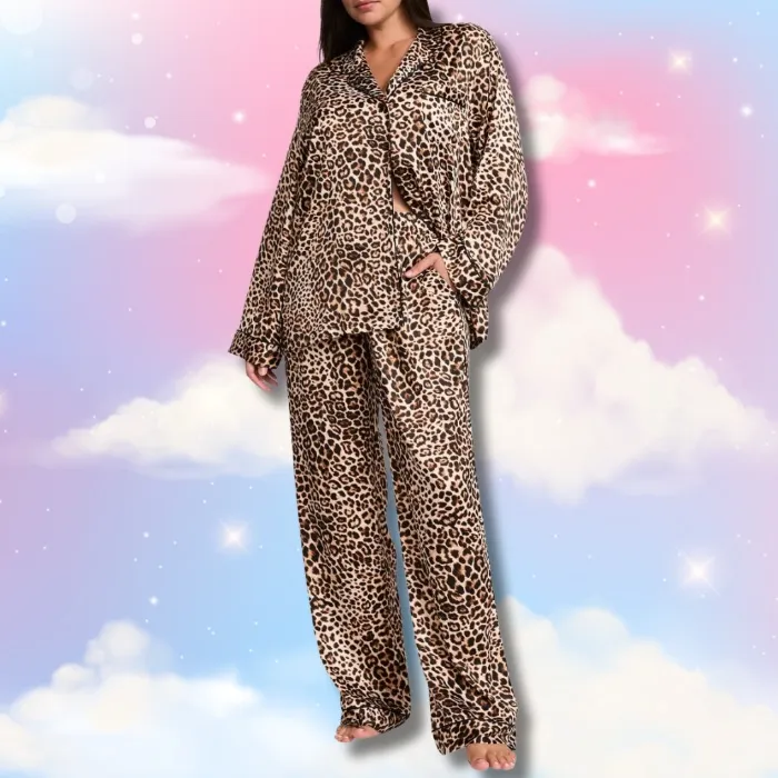 Victoria's Secret Women's Satin Pajama Set - Vintage Tan Leopard