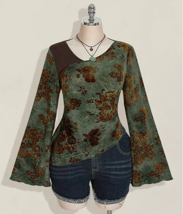 SHEIN ICON Plus Size Women's Vintage Jacquar Going Out Retro Green Flocked Jacquard Criss-Cross Floral Print Flare Sleeve Fashion T-Shirt/Fall/Winter | SHEIN USA