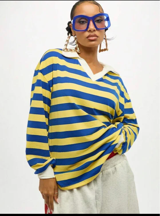 SUMWON Plus Size Horizontal Striped Long Sleeve V-Neck Tie Front Oversized Top Casual Comfort Wear Fall Winter Fashion | SHEIN USA