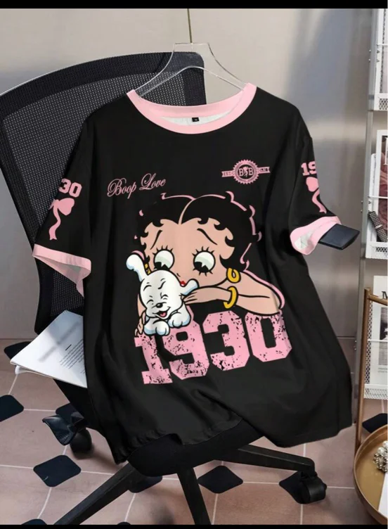 Betty Boop x SHEIN Plus Size Colorblock Cartoon Figure Graphic Round Neck Short Sleeve T-Shirt | SHEIN USA