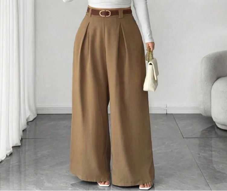 Elenzga Plus Size Women's Wide Leg Pants, Solid Apricot Color, Elegant Style, Fashionable For Commuting And Office Wear | SHEIN USA