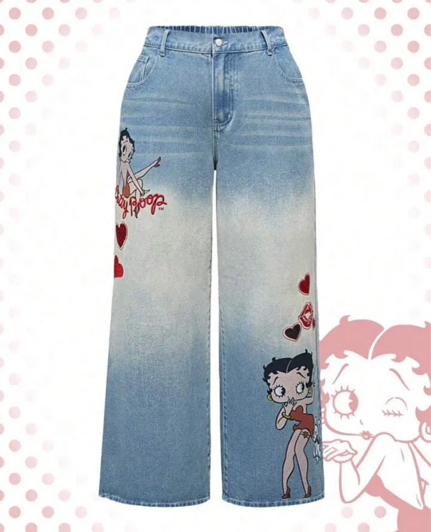 Betty Boop | ROMWE Plus Size Women Embroidered Distressed Vintage Washed Denim Jeans | SHEIN USA
