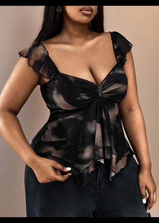 Truni Plus Size Women Tie Dye Print Asymmetrical Hem Top For 2026 New Year, For Pear & Triangle Body Shape See Through Top Sexy Blouse For Women See Through Tops Sheer Top Plus Size Sheer Tops | SHEIN USA
