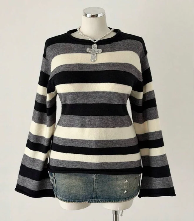 Sunspun Plus Size Women's Colorblock Striped Cute Simple Turtleneck Flare Sleeve Knit Sweater, Suitable For Spring, Autumn, Winter Wear, Great Christmas Gift, Indoor & Outdoor, Spring/Fall, Fall/Winter | SHEIN USA