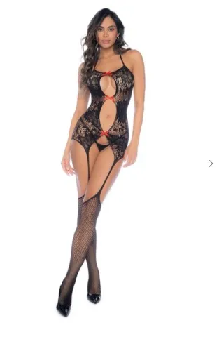 Black bodystocking with red bows