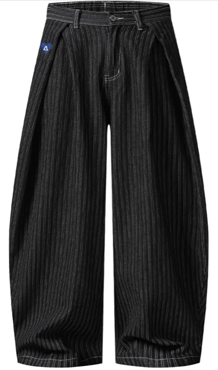 Aelfric Eden Pinstripe Baggy Barrel Jeans Pleated Wide Leg Denim Pants Men Women Loose Fit Streetwear Vintage Trousers Black Me 