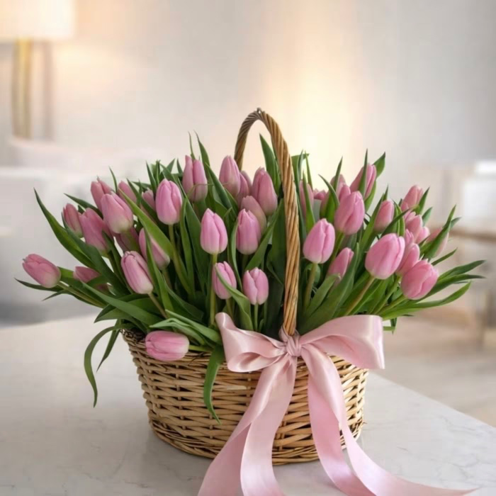 Basket of 100 pink tulips