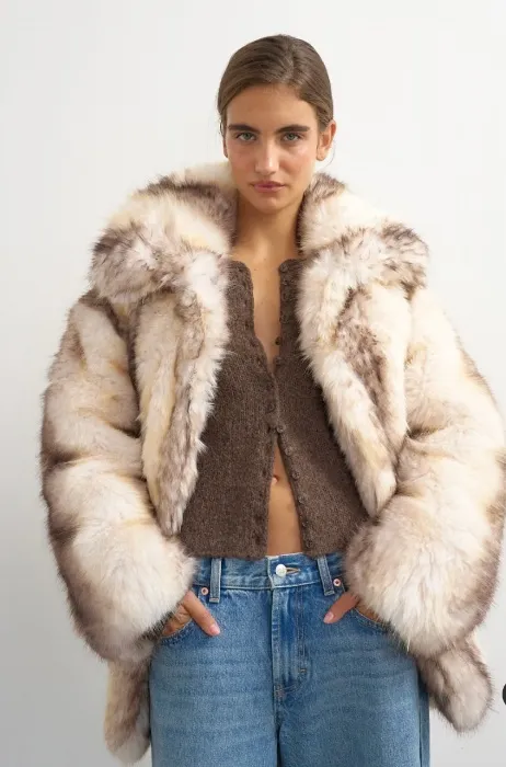  faux fur mid length coat in white stripe