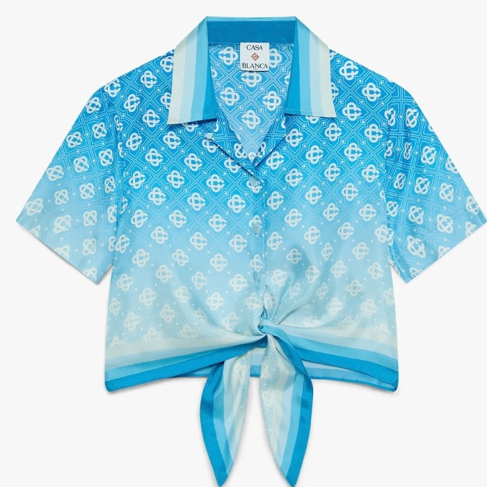 Casablanca BLUE GRADIENT MONOGRAM KNOTTED CROPPED SILK SHIRT