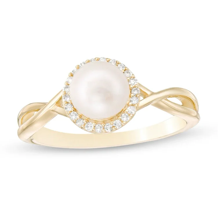 6.0mm Freshwater Cultured Pearl and 1/10 CT. T.W. Diamond Frame Twist Shank Ring in 10K Gold