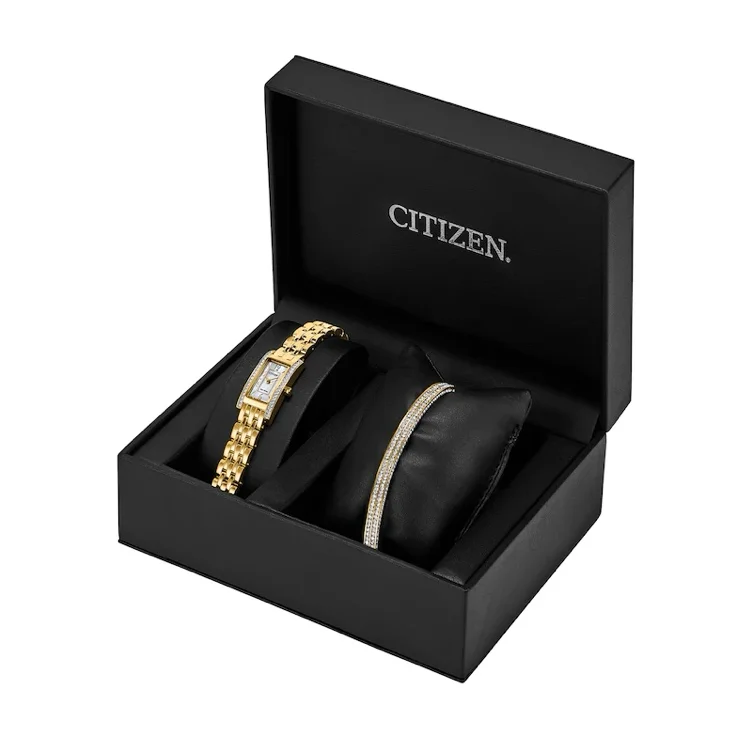 Ladies' Citizen Eco-Drive® Petite Palidoro Gold-Tone IP Watch with MOP Dial and Crystal Bracelet (Model: EG7112-59Y)