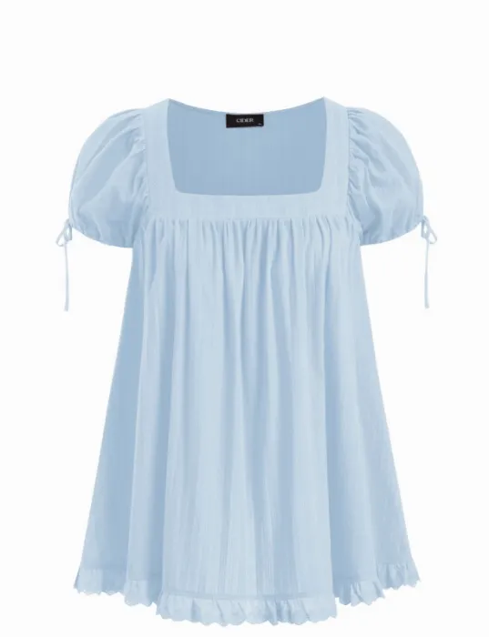 Cotton-blend Square Neck Ruffle Knotted Oversized Blouse