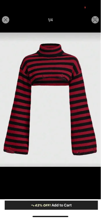 ROMWE Grunge Punk Women Casual High Neck Red And Black Striped Super-Short Bell-Sleeve Sweater