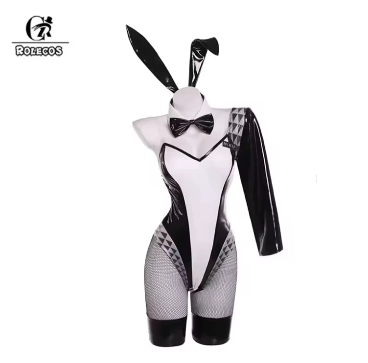 ROLECOS FREEing Vocal Series 01 Bunny Girl Costume Women Elastic Leather Fabric Sexy Cosplay Bunny Suit White Black Jumpsuits