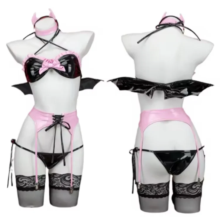 Sexy Hell Rider Succubus Lingerie Role Play Outfits Amine Demon Set Cosplay Costume Faux Leather Hollow Dark Underwear Halloween
