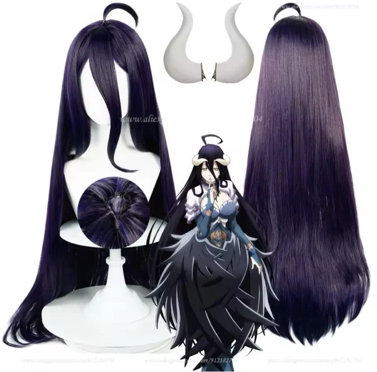 Albedo Cosplay Wig Dark Purple Black 100cm Long Straight Wigs Heat Resistant Synthetic Hair Halloween Anime Cosplay Wigs