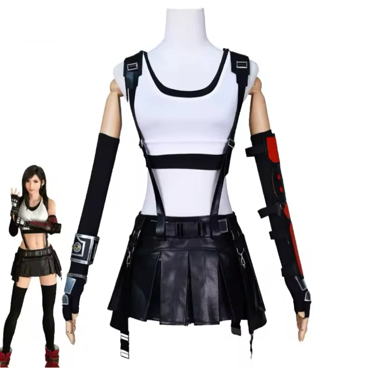 Anime FF VII Tifa Cosplay Costume, Wig and Outfit, Halloween Party Roleplay, Dress Outfit