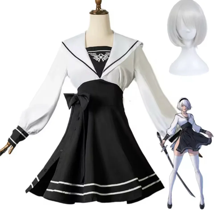 NieR:Automata YoRHa No. 2 Type B Cosplay Costume 2B Doujin Backless White Sailor Dress Suit Wig Women's Carnival Set