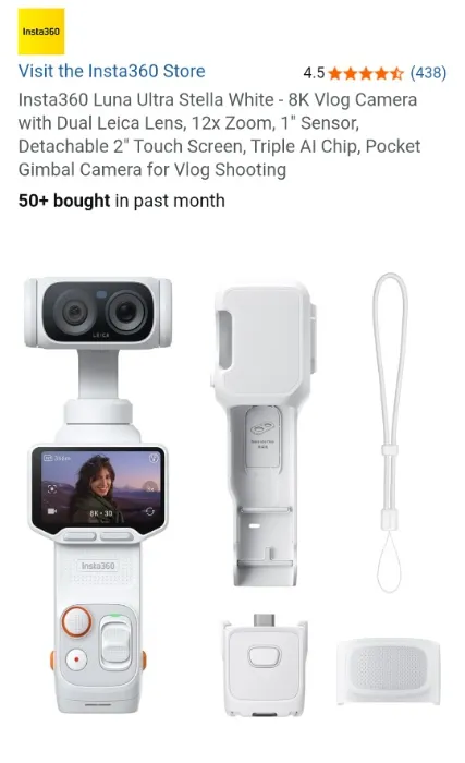 Insta360 Luna Ultra Stella White - 8K Vlog Camera with Dual Leica Lens, 12x Zoom, 1" Sensor, Detachable 2" Touch Screen, Triple AI Chip, Pocket Gimbal Camera for Vlog Shooting : Electronics