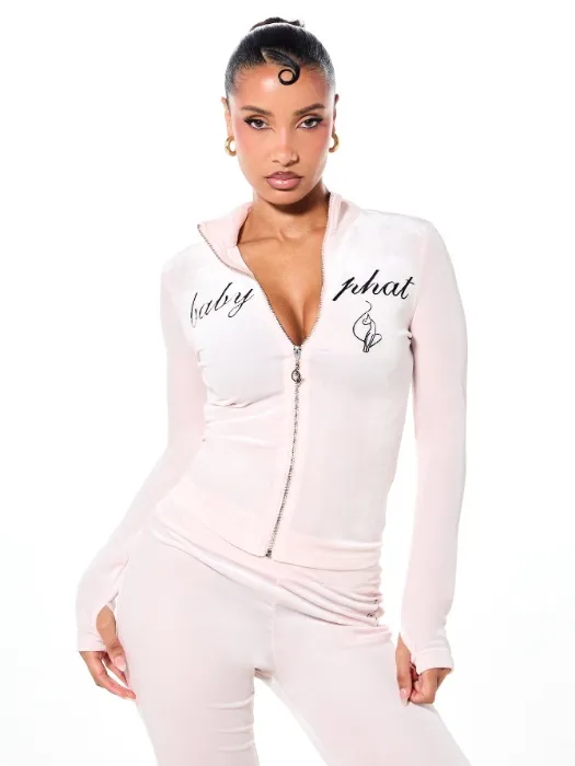 Velour Long Sleeve High Neck Zip Up Top
