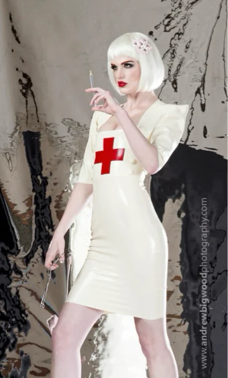 Latex Nurse dress pencil skirt in white with red cross.