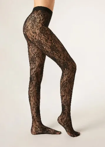 Calzedonia Floral Lace Tights in Black Size S