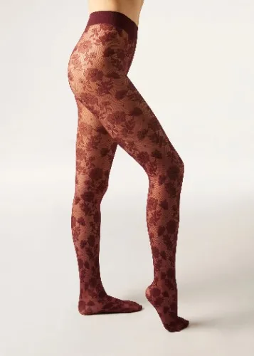 Calzedonia Floral-Patterned Tights in Burgundy, Size S