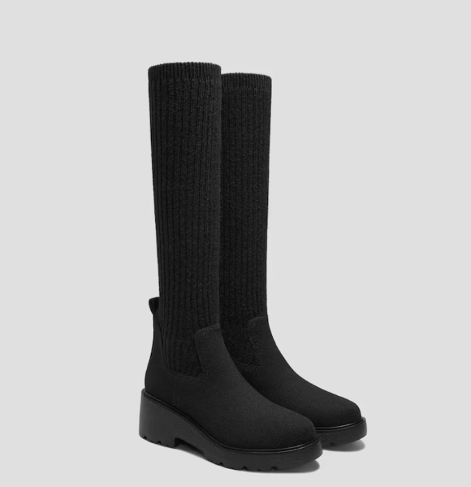 Round-Toe Knee-High Platform Chunky Wool Wedge Boots (Eduarda), Black, EU39 | VIVAIA