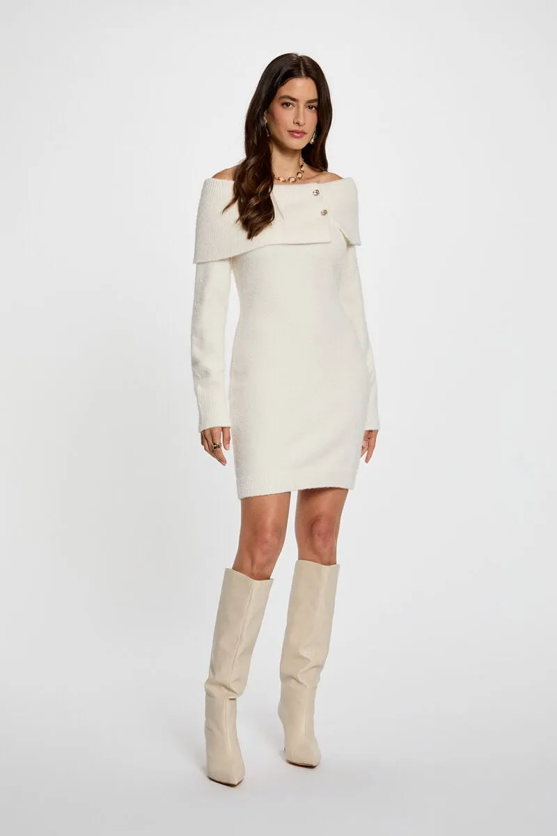 Vestido corto con cuello bardot marfil mujer