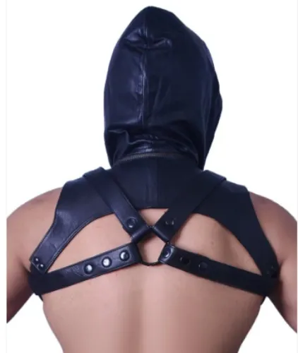 Black Leather Hooded Harness – Gothic Warrior Style Chest Harness with Attached Hood | 44" to 48"