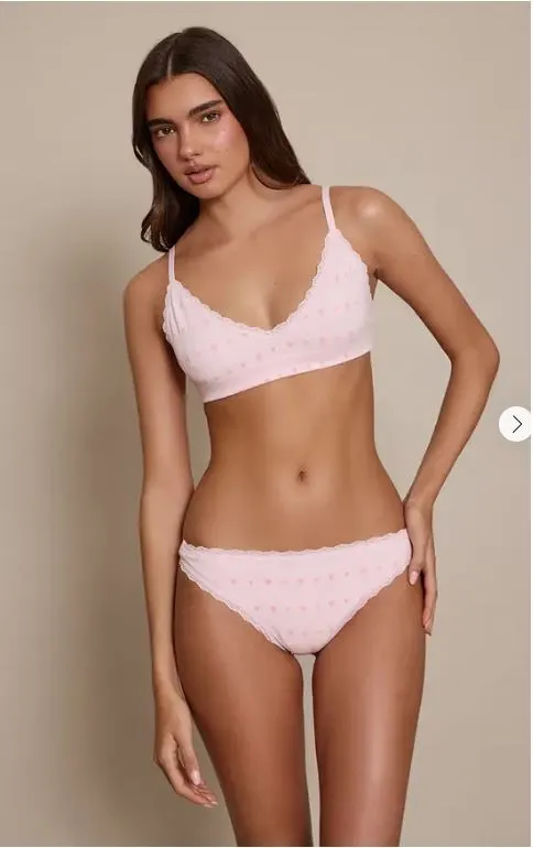 Heart Pointelle Lace Trim Bralet and Brazillian Set