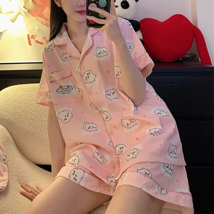 Chiikawa Pajama Set – Cute Summer Short-Sleeve Sleepwear for Girls - Soft Cotton Lounge Outfit 