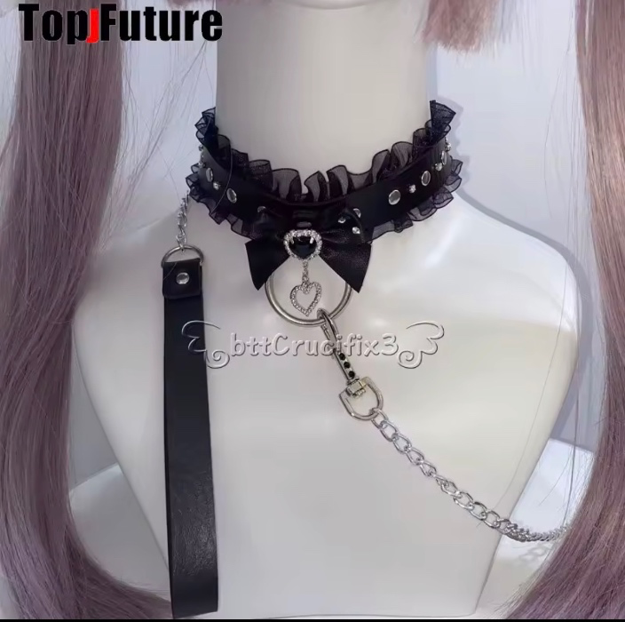 Linda collar de sirvienta sumisa con cadena y corazones 🔗🖤