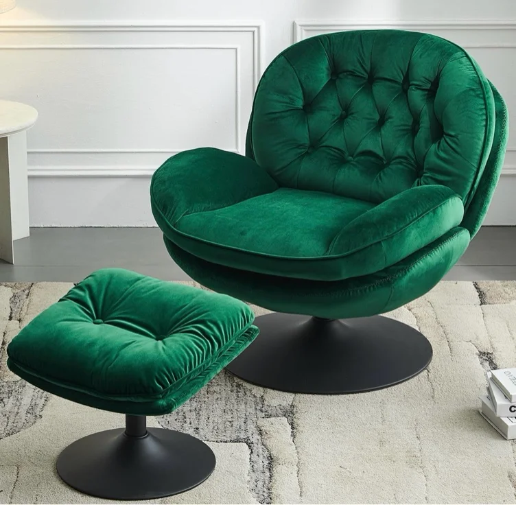 Swivel Accent Chair with Ottoman Set, Velvet Modern Lounge Chair with Metal Base Frame & Footrest, Comfy Lazy Single Leisure Armchair, Reading Chair with 360 Swiveling For Living Room/Bedroom/Blue - Blue