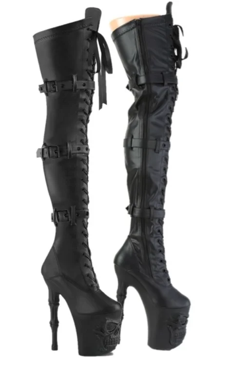 Skull Platform 8" Bone Heel Multi Strap Lace Up Thigh Boots Rapture 3028