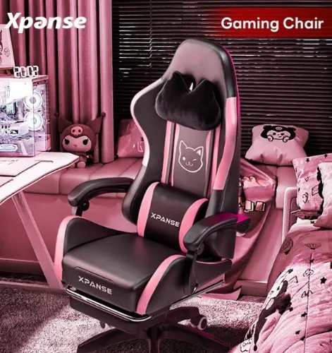 XPANSE Cat-Ear Gaming Chair Black-Pink Home Study Chair Ergonomic Office Chair