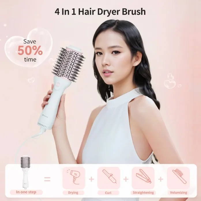 SimplusPink Hair Dryer Brush Dual Use Hot Air Brush Straightener Curl Quick-drying Styling