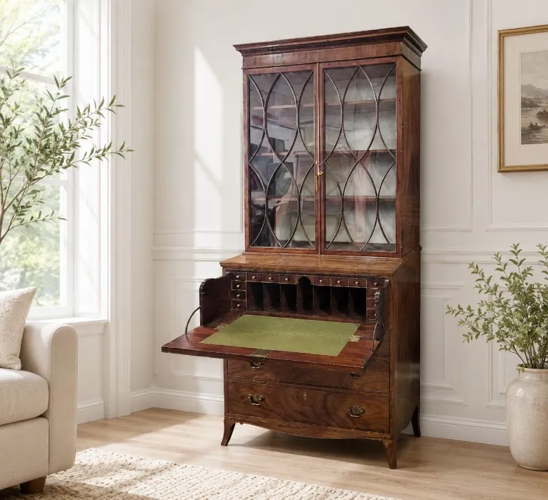 Antique Mahogany Secretaire Bookcase Bureau Display Cabinet Inlaid Writing Desk
